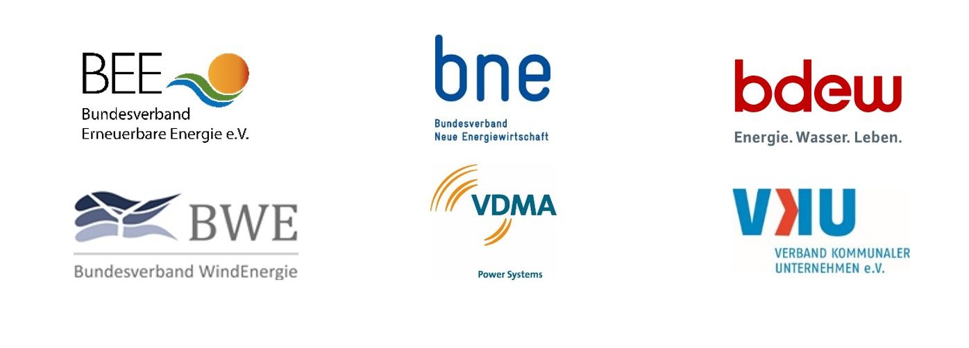 Logowolke mit Logos des Bundesverband Erneuerbare Energie, Bundesverband Neue Energiewirtschaft, Bundesverband WindEnergie, Verband Kommunalter Unternehmen, Bundesverband der Energie- und Wasserwirtschaft, VDMA Power Systems