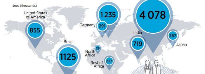 Weltkarte der IRENA mit Arbeitsplätzen der Erneuerbaren Branche in 2018